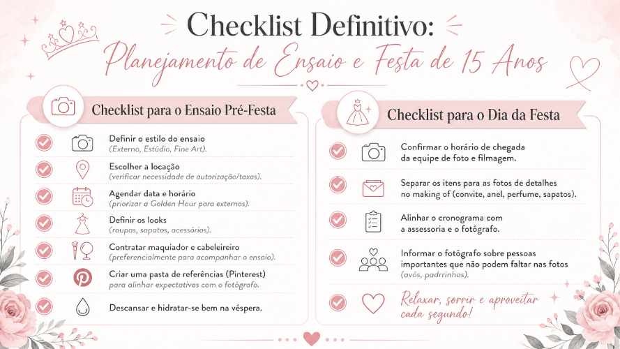 Infográfico Check-List ensaio fotográfico externo X ensaio fotográfico em estudio Infográfico Check-List ensaio fotográfico externo X ensaio fotográfico em estudio