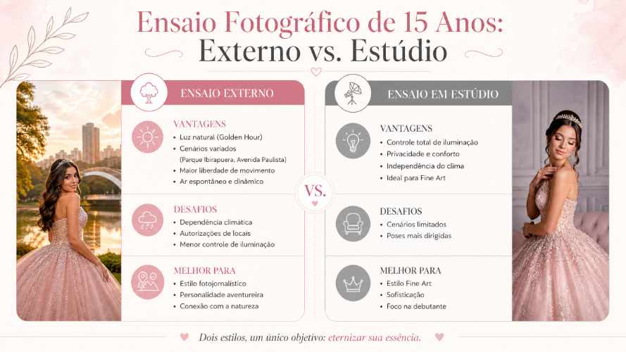 Infográfico Comparativo Ensaio Fotográfico Externo X Ensaio Fotográfico em Estúdio Infográfico Comparativo Ensaio Fotográfico Externo X Ensaio Fotográfico em Estúdio
